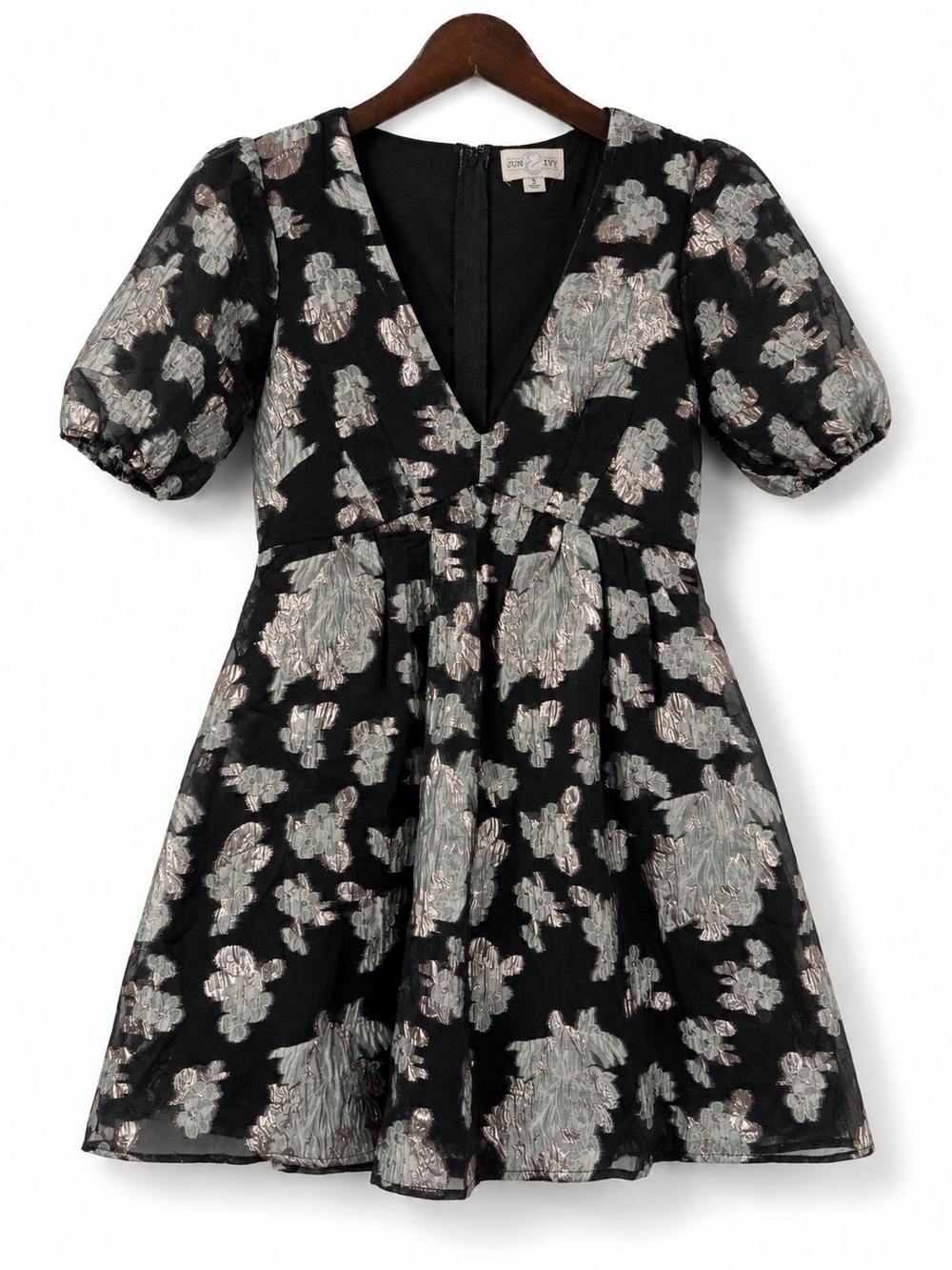Jun & Ivy Metallic Periwinkle Floral Puff Sleeve Mini Dress
